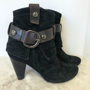 Black Suede Heeled Booties With Brown Strap and Buckle Size 37 (US 7)